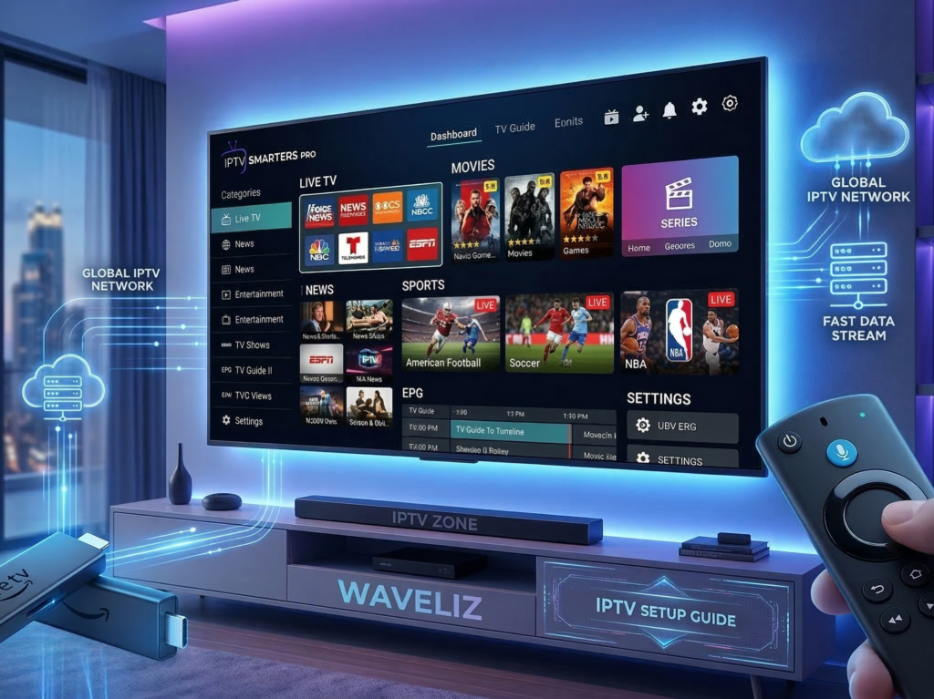 IPTV Smarters Pro setup in USA streaming live TV channels on Firestick using Waveliz IPTV