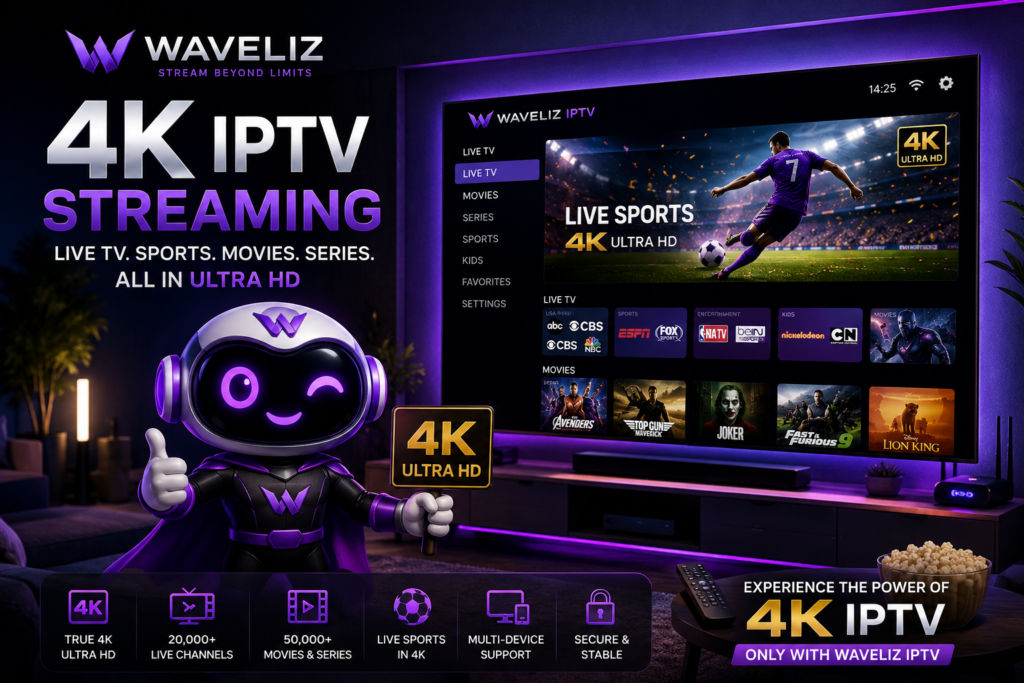 Best 4K IPTV service streaming live sports movies and TV channels in Ultra HD quality on a modern smart TV.