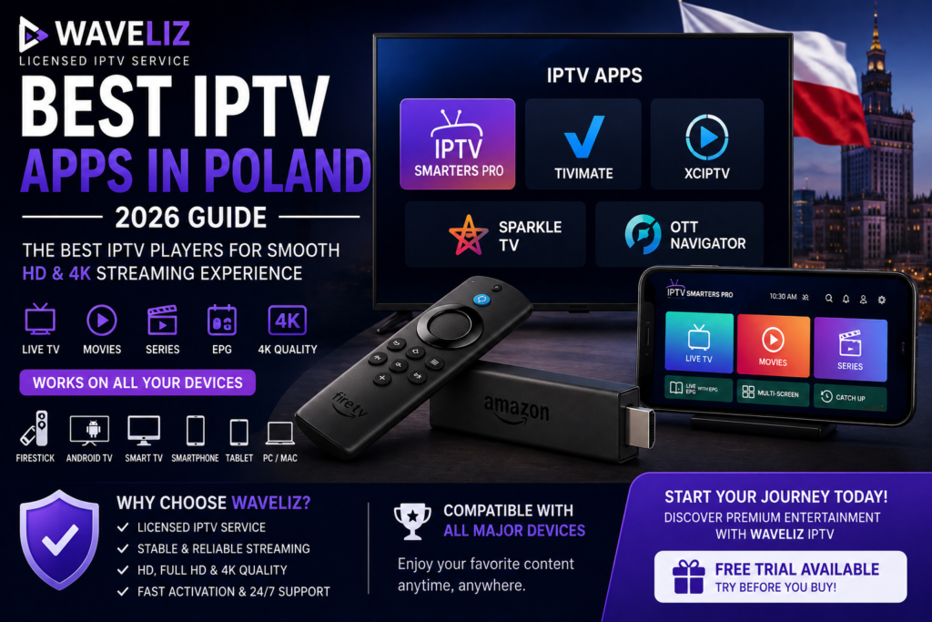Best IPTV Apps in Poland for 2026 featuring WaveLiz compatible with IPTV Smarters Pro, Firestick, Android TV, Smart TVs and HD & 4K streaming.