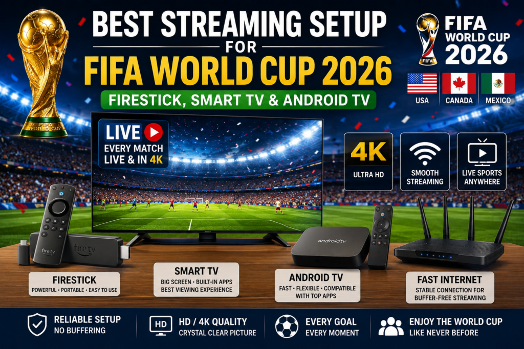Best streaming setup for FIFA World Cup 2026 featuring Firestick, Smart TV, Android TV and 4K live football streaming.