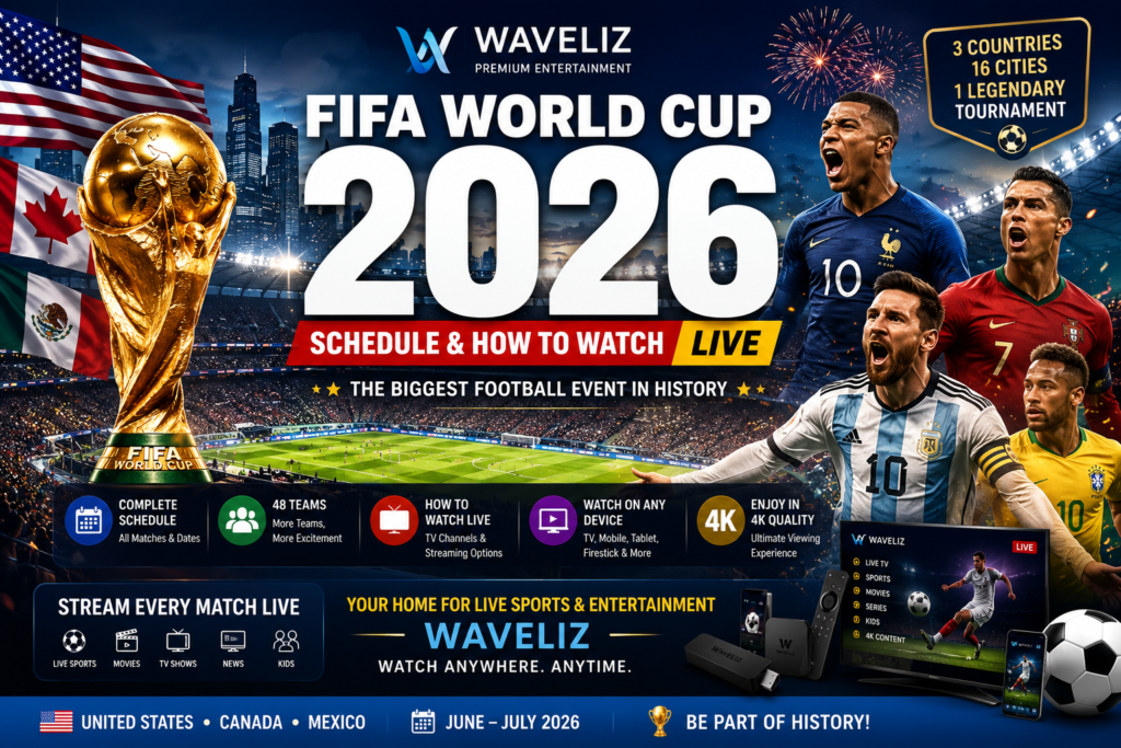 FIFA World Cup 2026 schedule and live streaming guide featuring football stadiums and international soccer teams.