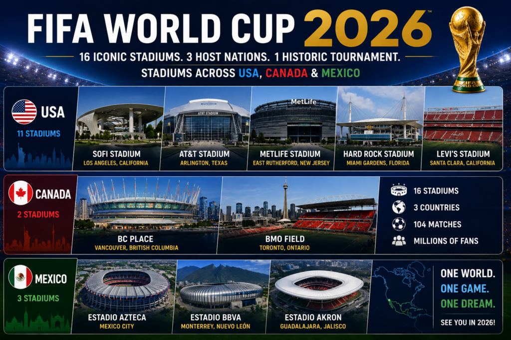 FIFA World Cup 2026 stadiums across USA Canada and Mexico featuring iconic football venues and host cities.