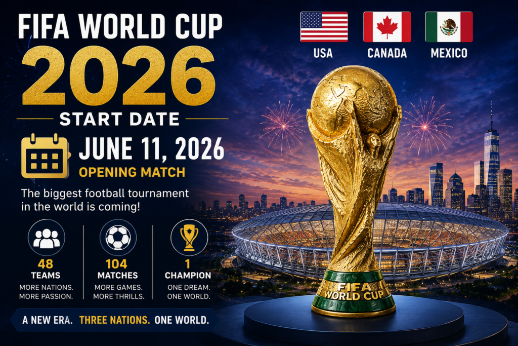FIFA World Cup 2026 start date announcement featuring the World Cup trophy, stadium atmosphere, and opening match details.