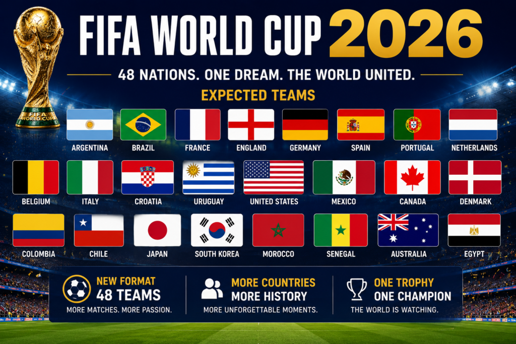 FIFA World Cup 2026 expected teams and countries featuring international football nations and tournament atmosphere.