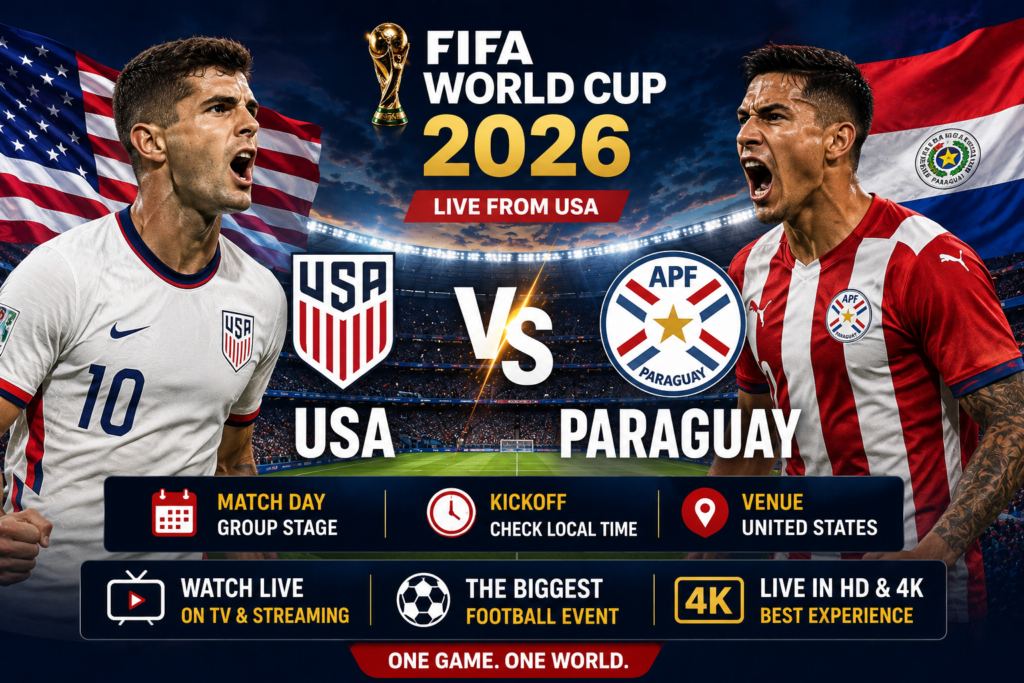 USA vs Paraguay FIFA World Cup 2026 match preview featuring football stadium atmosphere and international teams.