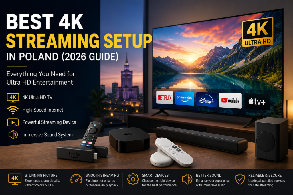 Best 4K streaming setup in Poland featuring a 4K Smart TV, streaming devices, high-speed internet, and Ultra HD home entertainment.